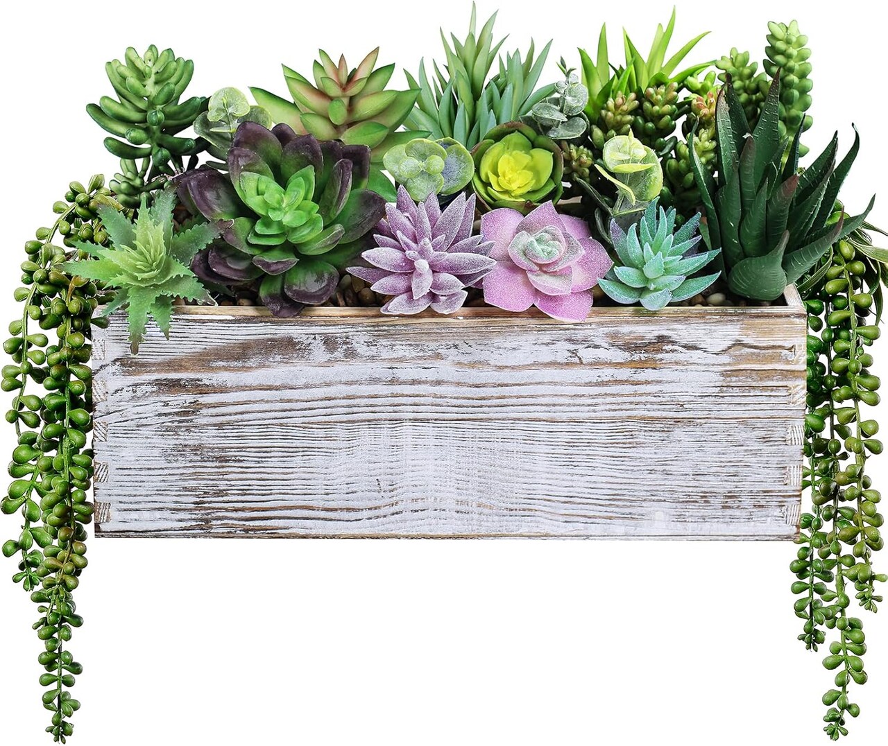 19 Pcs Artificial Succulent Arrangement in Wooden Planter Box – Mixed Faux Small Potted Plants Centerpiece for Farmhouse Table, Windowsill, Shelf, Mantel & Home Decor
